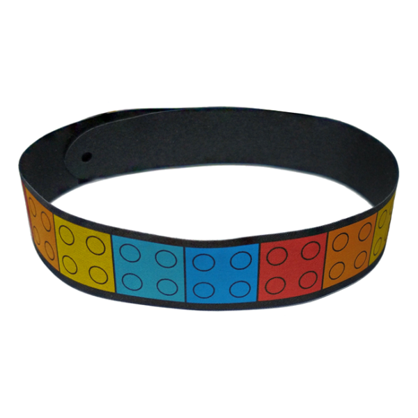 106543 - Cloth Camera Strap with 2 Holes and Red, Orange, Yellow, Medium Azure, and Dark Azure 2 x 2 Plates Pattern – Black