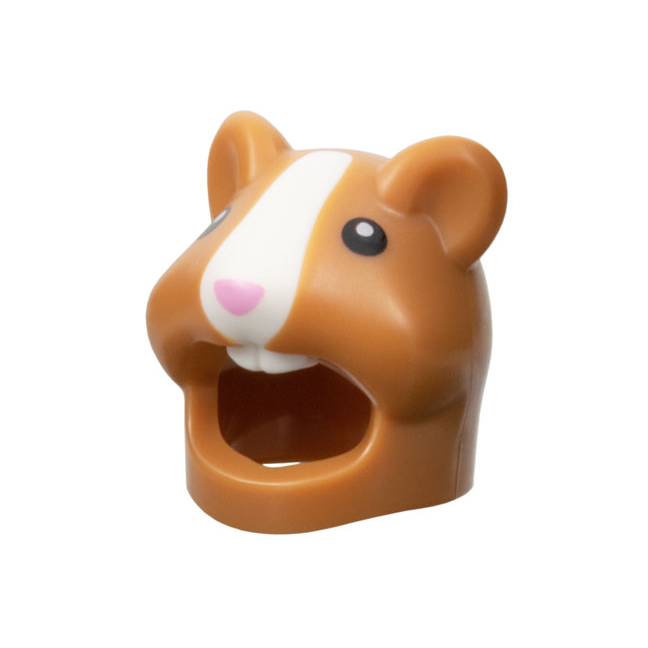 109769pb01 - Minifigure, Headgear Head Cover, Costume Hamster with Molded White Muzzle and Teeth and Printed Black Eyes and Bright Pink Nose Pattern – Medium Nougat