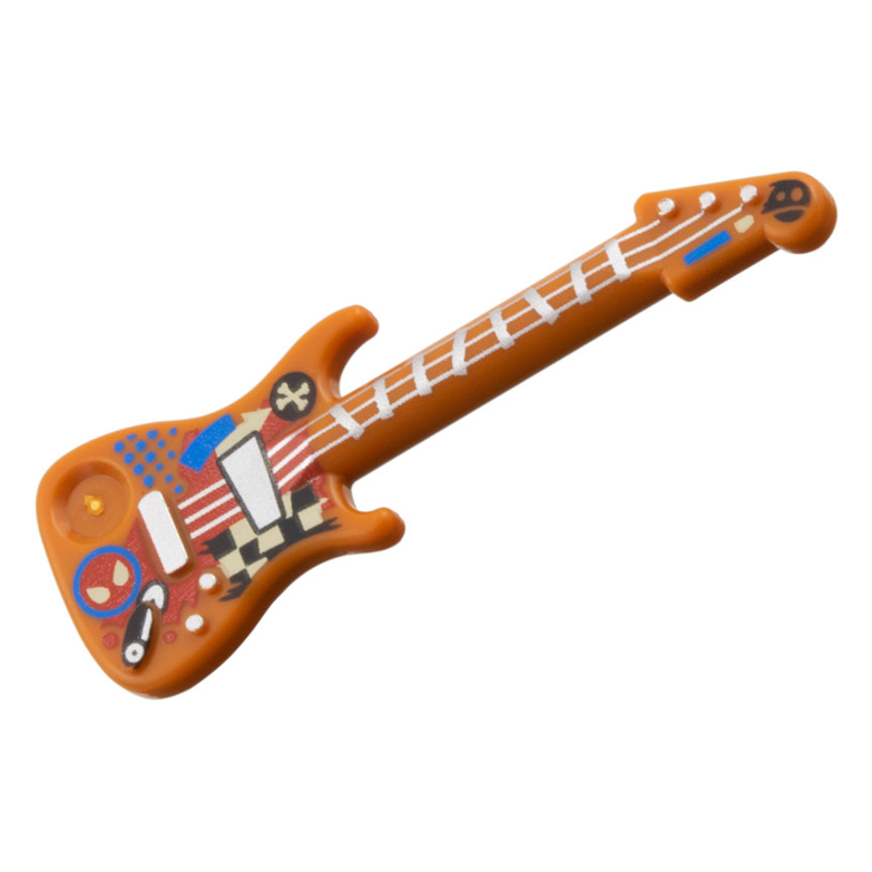 11640pb07 - Minifigure, Utensil Musical Instrument, Guitar Electric with Silver Strings, Bridge, and Output Jack, Red and Blue Spider-Man Head, Black and Tan Checkered Pattern – Dark Orange