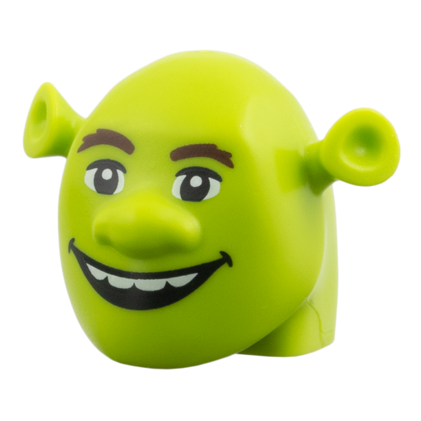 118538pb01 - Minifigure, Head, Modified Ogre with Ears, Dark Brown Eyebrows, Wide Smile Pattern – Lime