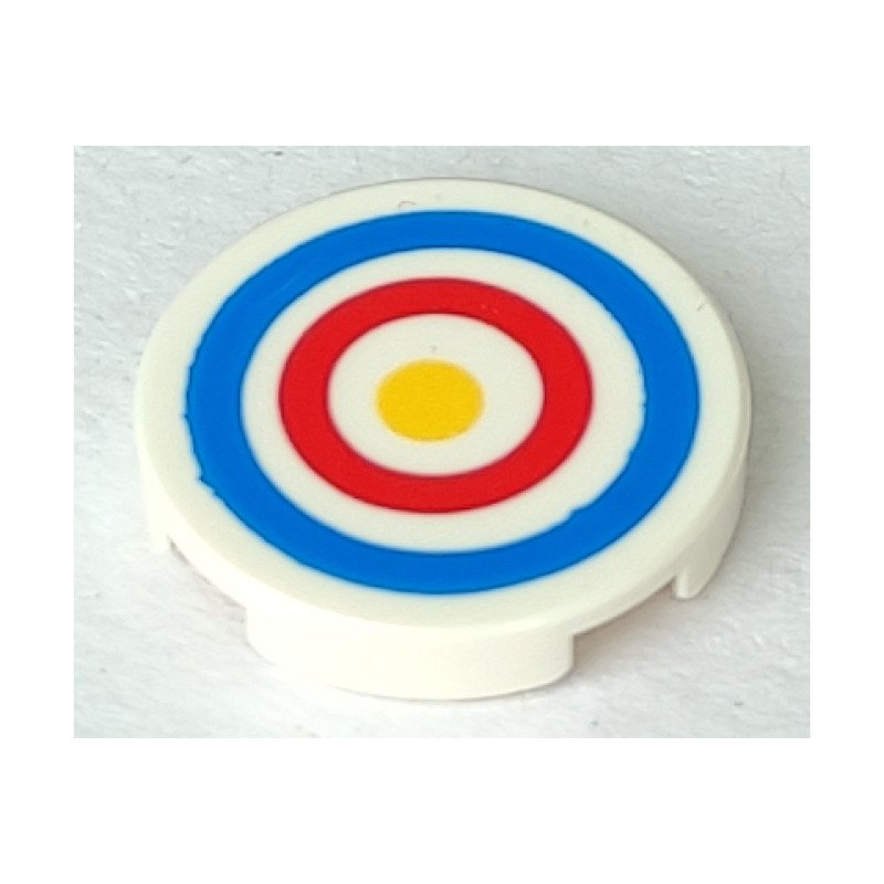 14769pb0086 - Tile, Round 2 x 2 with Bottom Stud Holder with Blue and Red Circles and Yellow Dot Archery Target Pattern – White