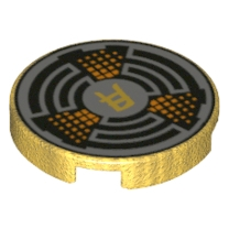 14769pb0219 - Tile, Round 2 x 2 with Bottom Stud Holder with Asian Character, Broken Circles and Orange Dots Pattern – Pearl Gold