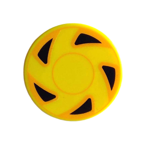 14769pb0538 - Tile, Round 2 x 2 with Bottom Stud Holder with Hubcap with Circles and 5 Black Triangles with Bright Light Orange Edges Pattern – Yellow