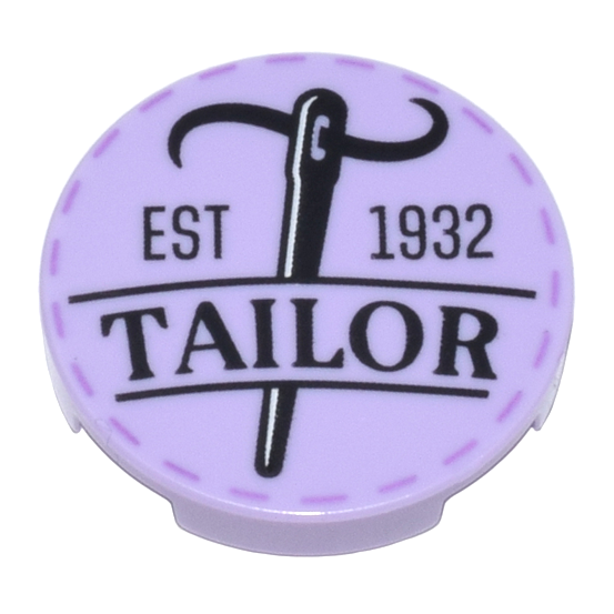 14769pb0570 - Tile, Round 2 x 2 with Bottom Stud Holder with Black Needle, Thread, 'EST 1932', 'TAILOR', and Medium Lavender Stitches Pattern – Lavender