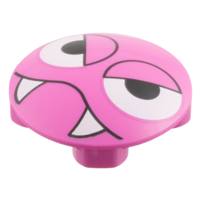 2654pb034 - Plate, Round 2 x 2 with Rounded Bottom (Boat Stud) with Large White Angry Eyes, Black Eyelids and Mouth Outline with 2 Fangs Pattern – Dark Pink