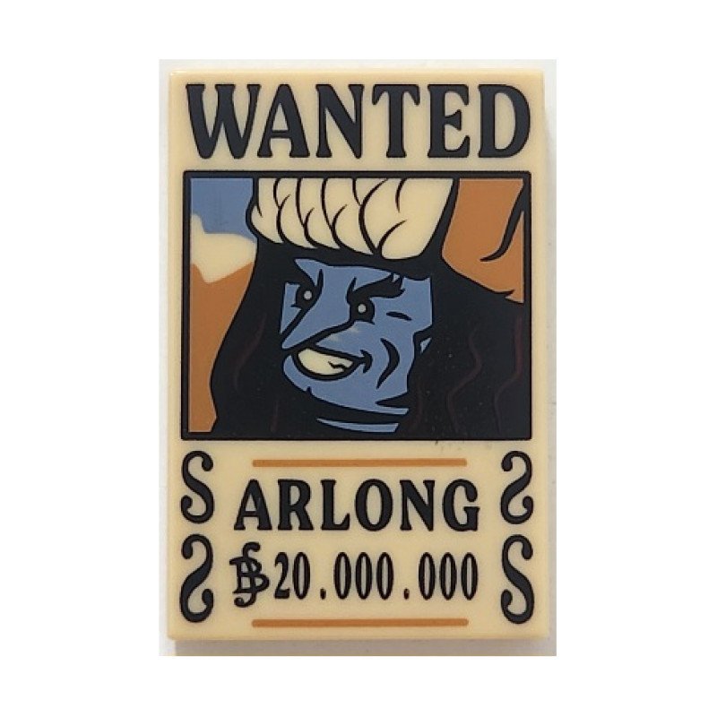 26603pb532 - Tile 2 x 3 with Wanted Poster with Black 'WANTED' 'ARLONG' (Belly) '20.000.000' Pattern – Tan