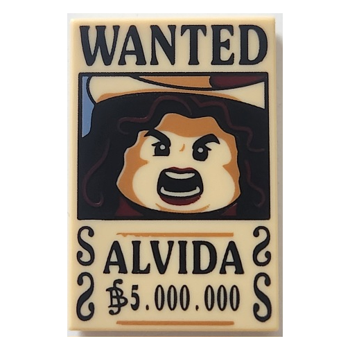 26603pb534 - Tile 2 x 3 with Wanted Poster with Black 'WANTED' 'ALVIDA' (Belly) '5.000.000' Pattern – Tan