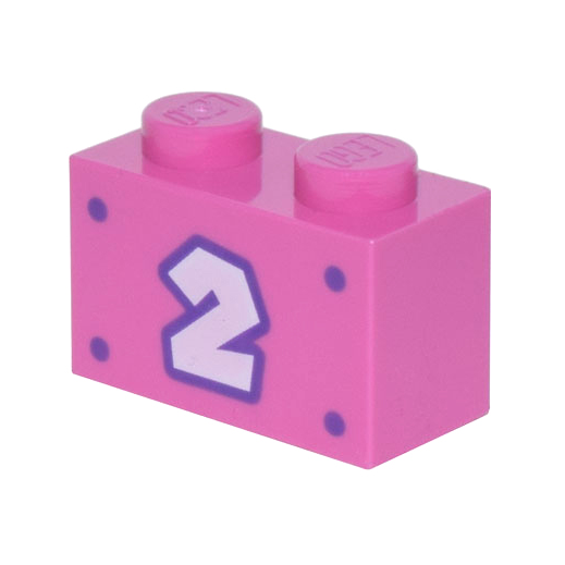 3004pb261 - Brick 1 x 2 with White Number 2 with Dark Purple Outline and 4 Dots Pattern – Dark Pink