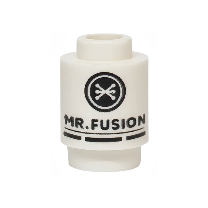 3062pb088 - Brick, Round 1 x 1 with Black 'MR. FUSION' Pattern – White