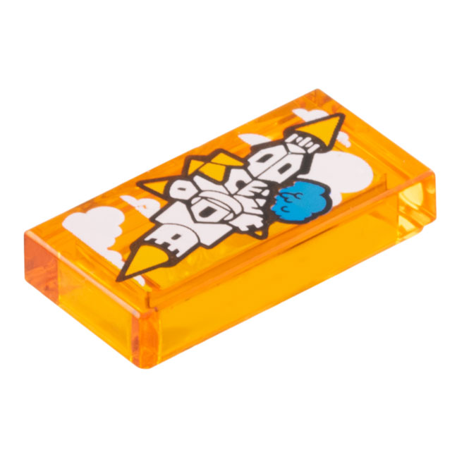 3069pb1274 - Tile 1 x 2 with Floating Castle in the Sky with Orange Roofs, White Clouds and Dark Azure Tree Pattern – Trans-Orange