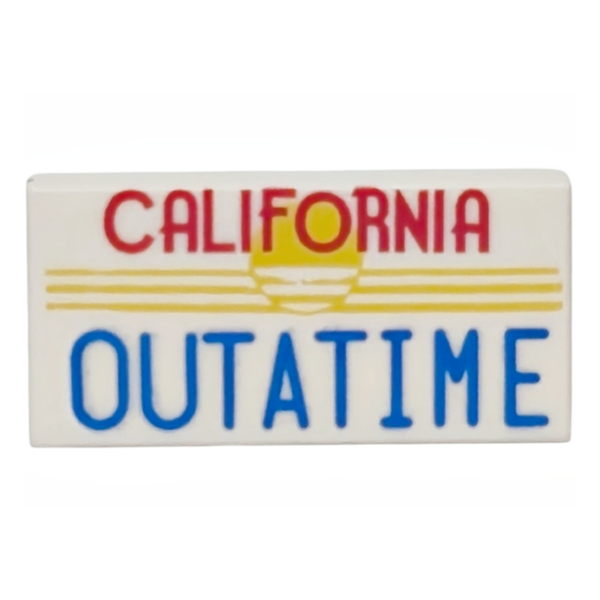 3069pb1457 - Tile 1 x 2 with Red and Blue 'CALIFORNIA OUTATIME' and Yellow Sun Pattern – White