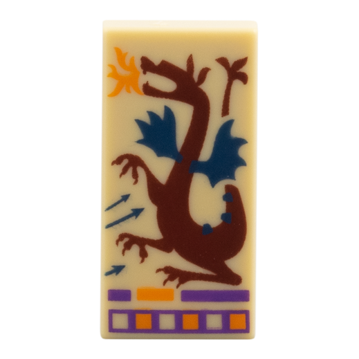 3069pb1530 - Tile 1 x 2 with Dark Red Dragon with Dark Blue Wings, Orange and Dark Purple Trim Pattern (Book Page) – Tan