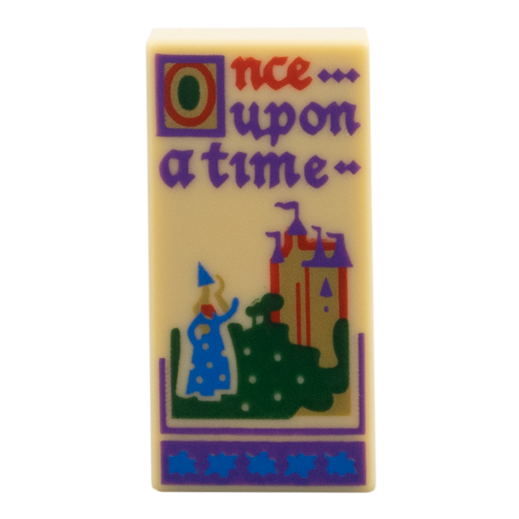 3069pb1531 - Tile 1 x 2 with Red and Dark Purple 'Once upon a time', Gold Castle, Blue Wizard Pattern (Book Page) – Tan