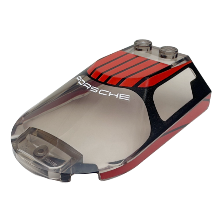 3384pb01 - Windscreen 6 x 4 x 1 1/3 Canopy Sloped Sides with White 'PORSCHE', Red Roof, and Black Stripes and Window Frame Outline Pattern – Trans-Brown