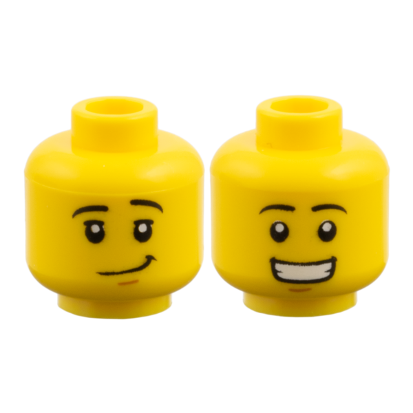 3626pb2308 - Minifigure, Head Dual Sided Black Eyebrows, Medium Nougat Chin Dimple, Lopsided Grin / Open Mouth Smile with Teeth Pattern - Hollow Stud – Yellow