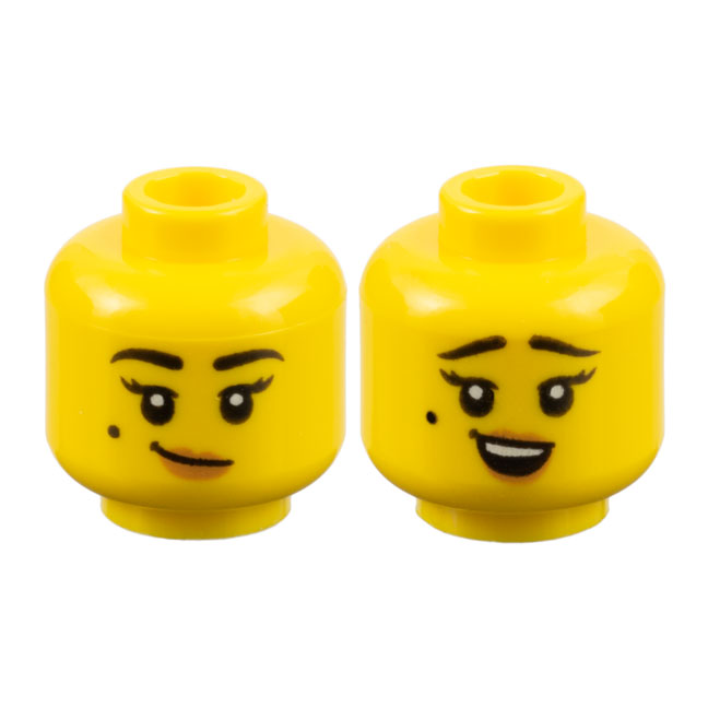 3626pb2963 - Minifigure, Head Dual Sided Female Black Eyebrows and Beauty Mark, Medium Nougat Lips, Lopsided Grin / Surprised Pattern - Hollow Stud – Yellow