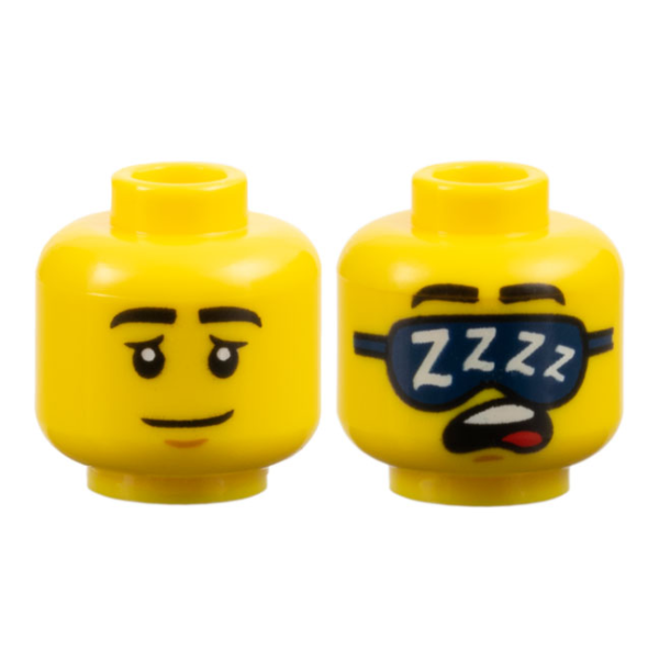 3626pb3476 - Minifigure, Head Dual Sided Black Eyebrows, Medium Nougat Chin Dimple, Neutral with Eyelids / Sleeping with Open Mouth, Dark Blue Sleep Mask with White 'ZZZZ' Pattern - Vented Stud – Yellow