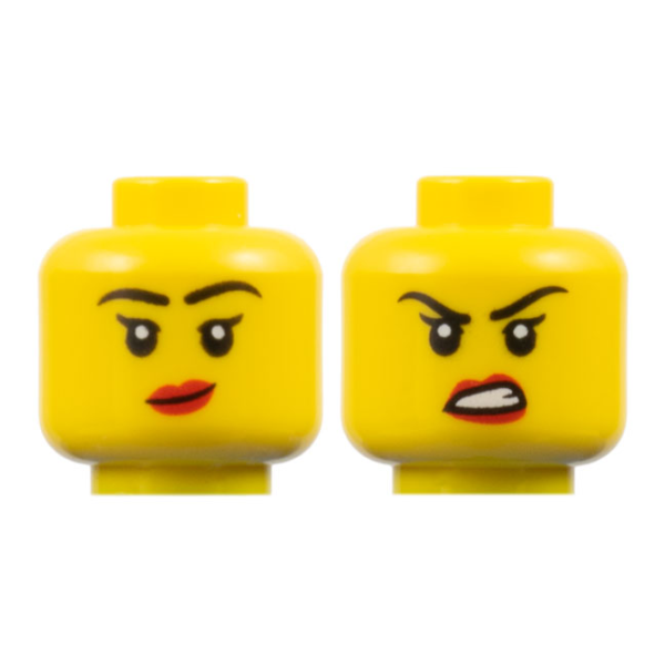 3626pb3578 - Minifigure, Head Dual Sided Female Black Eyebrows and Single Eyelashes, Red Lips, Lopsided Grin / Scowl Pattern - Vented Stud – Yellow