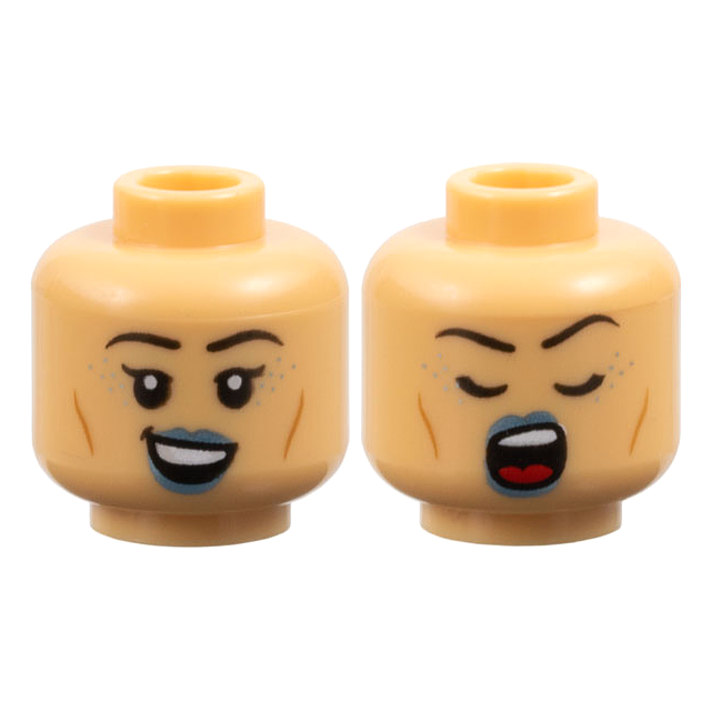 3626pb3672 - Minifigure, Head Dual Sided Female Black Eyebrows, Metallic Light Blue Lips and Spots, Cheek Lines, Open Mouth Smile / Singing with Closed Eyes Pattern - Vented Stud – Medium Tan