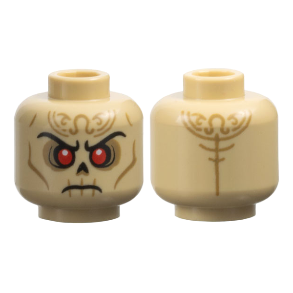3626pb3675 - Minifigure, Head Alien Skull with Black Eyebrows, Nose and Mouth, Red Eyes, Dark Tan Filigree Tattoos and Contours, Frown Pattern - Vented Stud – Tan