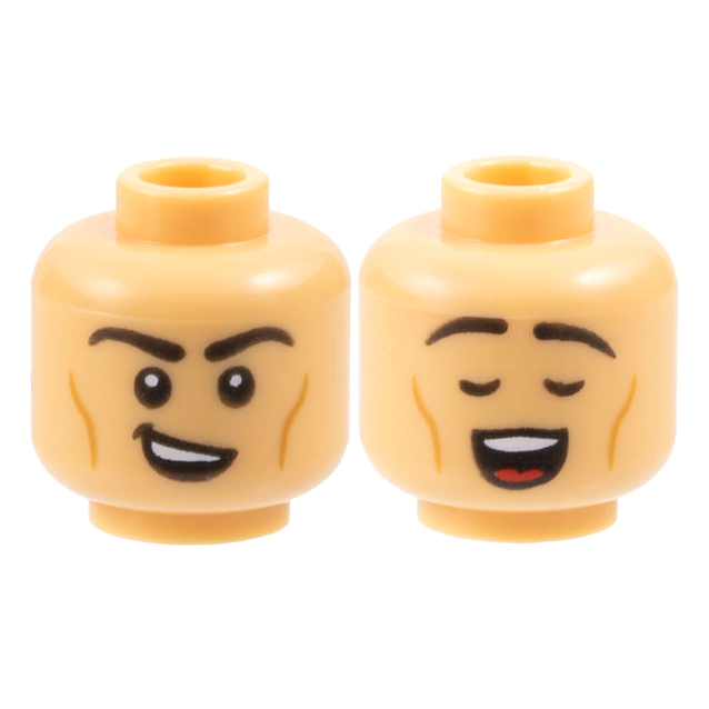 3626pb3677 - Minifigure, Head Dual Sided Black Eyebrows, Medium Nougat Cheek Lines, Lopsided Open Mouth Smile / Closed Eyes, Singing Pattern - Vented Stud – Medium Tan