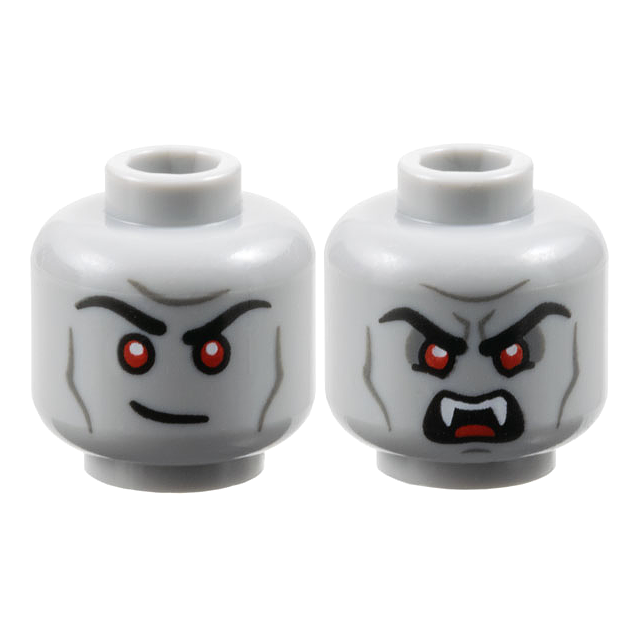 3626pb3678 - Minifigure, Head Dual Sided Black Eyebrows, Red Eyes, Dark Bluish Gray Contours, Lopsided Grin / Scowl with Open Mouth and Fangs Pattern - Vented Stud – Light Bluish Gray