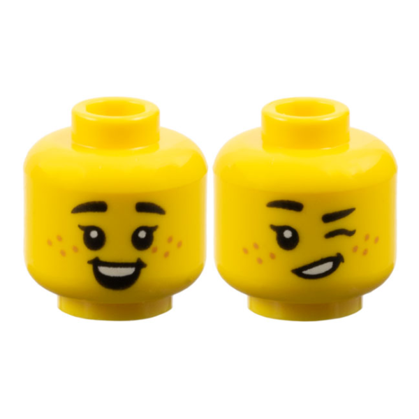 3626pb3767 - Minifigure, Head Dual Sided Child Female Black Small Thick Eyebrows, Single Eyelashes, Medium Nougat Freckles, Open Mouth Smile with Dimples and Top Teeth / Winking Pattern - Vented Stud – Yellow
