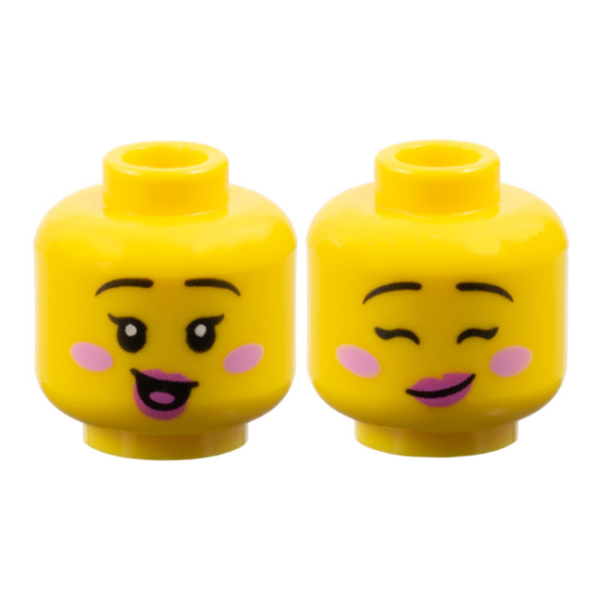 3626pb3768 - Minifigure, Head Dual Sided Female Black Thin Eyebrows, Single Eyelashes, Bright Pink Cheeks, Dark Pink Lips, Open Mouth Smile with Tongue / Lopsided Grin with Eyes Closed Pattern - Vented Stud – Yellow