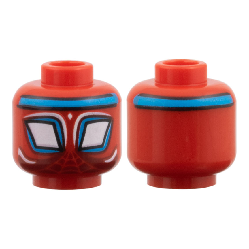 3626pb3945 - Minifigure, Head Alien with Spider-Man Large White Diamond Eyes with Dark Azure Borders and Headband, Webbing and Highlights on Dark Red Background Pattern – Red