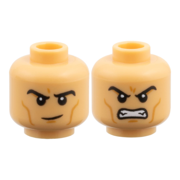 3626pb3951 - Minifigure, Head Dual Sided, Black Eyebrows, Medium Nougat Cheek Lines and Chin Dimple, Raised Eyebrow Right / Fierce Open Mouth Scowl with Teeth Pattern – Medium Tan