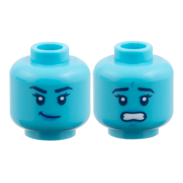 3626pb3956 - Minifigure, Head Dual Sided Female, Black Eyebrows, Dark Azure Lips, Lopsided Grin / Scared Open Mouth with Teeth Pattern – Medium Azure