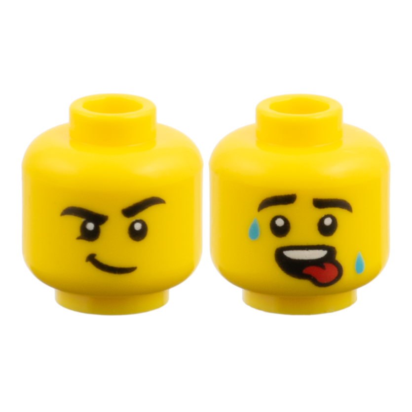 3626pb4061 - Minifigure, Head Dual Sided, Black Eyebrows, Lopsided Smirk / Sweat Drops and Red Tongue Pattern – Yellow