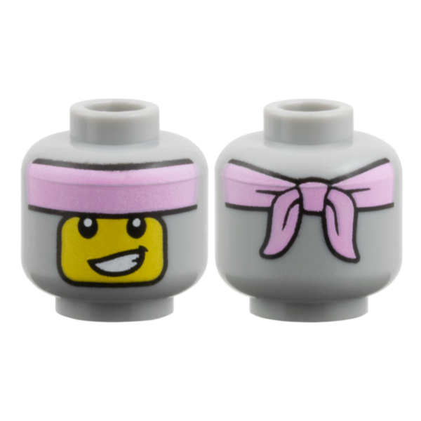 3626pb4134 - Minifigure, Head Balaclava, Bright Pink Headband, Yellow Face with Lopsided Smile with Teeth Pattern – Light Bluish Gray