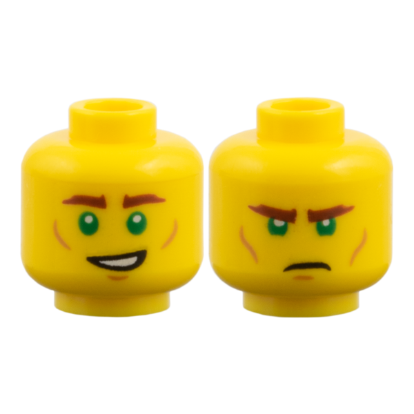 3626pb4137 - Minifigure, Head Dual Sided, Reddish Brown Eyebrows, Bright Green Eyes, Medium Nougat Contours, Smile / Frown Pattern – Yellow