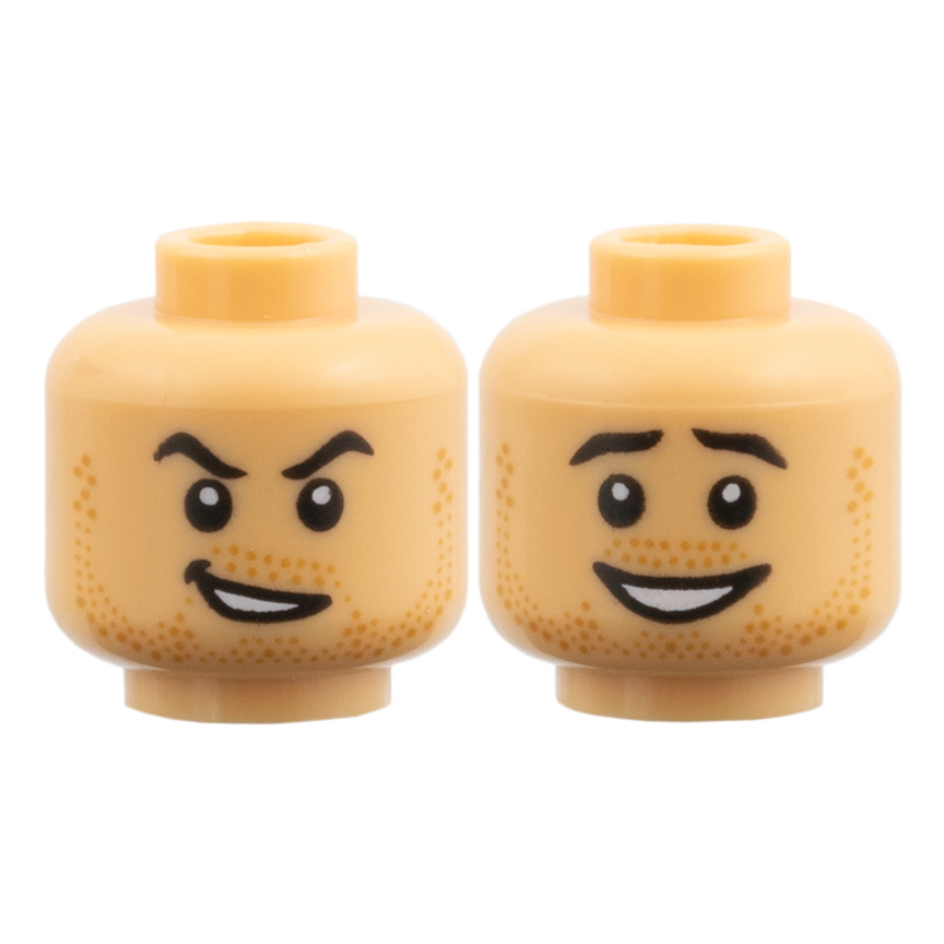 3626pb4242 - Minifigure, Head Dual Sided, Black Eyebrows, Medium Nougat Stubble, Open Grin / Evil Grin Pattern – Medium Tan