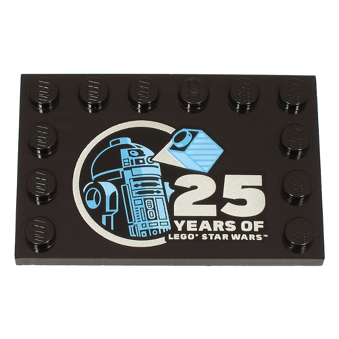 6180pb195 - Tile, Modified 4 x 6 with Studs on Edges with Bright Light Blue and Medium Blue R2-D2 Minifigure and Silver '25 YEARS OF LEGO STAR WARS' Pattern – Black 6180pb195 - Tile, Modified 4 x 6 with Studs on Edges with Bright Light Blue and Medium Blue R2-D2 Minifigure and Silver '25 YEARS OF LEGO STAR WARS' Pattern – Black
