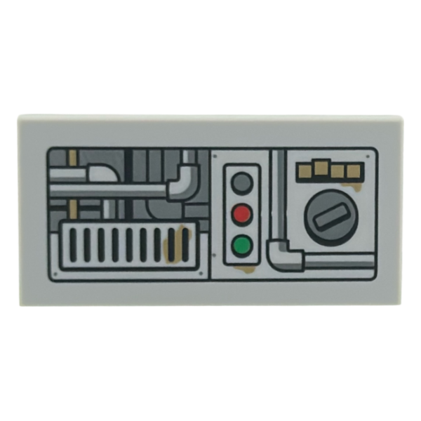 87079pb1656 - Tile 2 x 4 with Dark Bluish Gray Industrial Control Panel, Dial, and Pipes, Black Vent Grilles with Dark Tan Sand, Red and Green Lights, Pattern – Light Bluish Gray