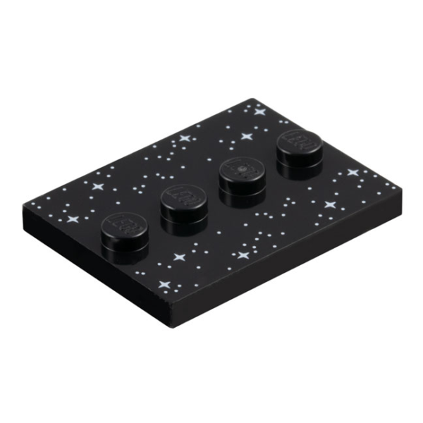 88646pb012 - Tile, Modified 3 x 4 with 4 Studs in Center with White Dots and Sparkles / Stars Pattern – Black