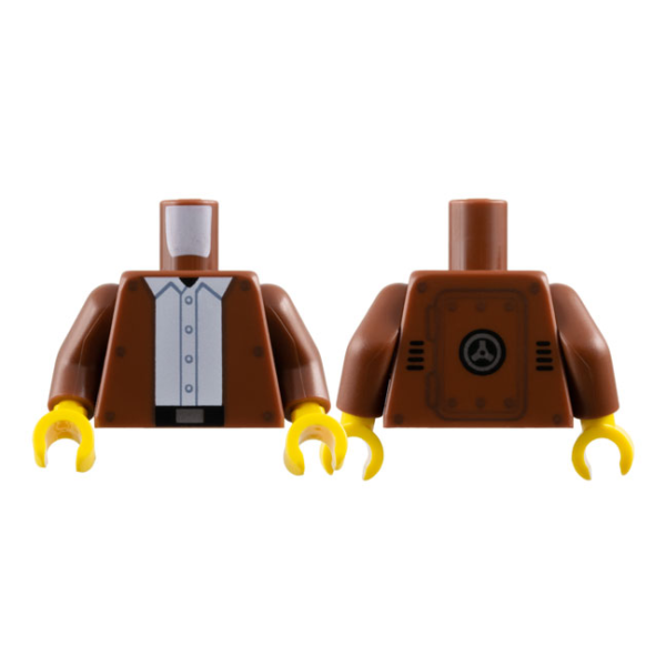 973pb5645c01 - Torso Jacket Open with Dark Brown Rivets over White Shirt with Buttons, Black Belt with Silver Buckle, Hinged Panel on Back Pattern / Reddish Brown Arms / Yellow Hands – Reddish Brown