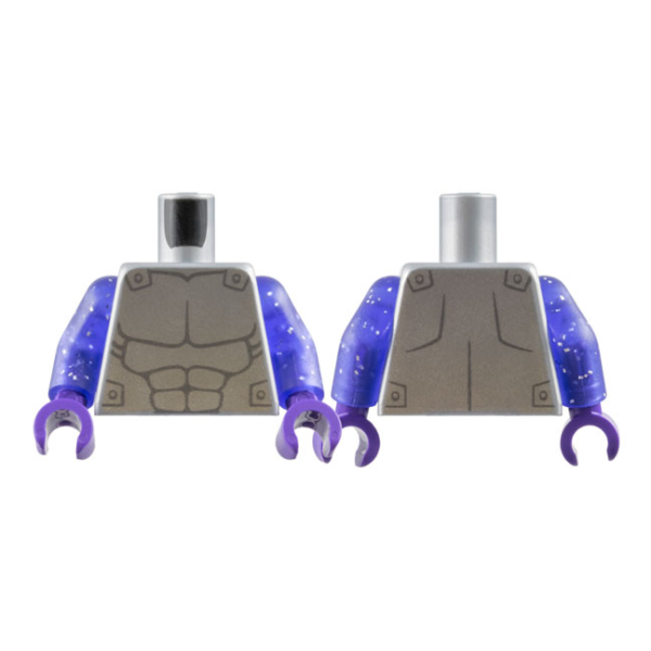973pb5650c01 - Torso Silver Armor with Dark Bluish Gray Muscles Outline Pattern / Glitter Trans-Purple Arms / Dark Purple Hands – Flat Silver