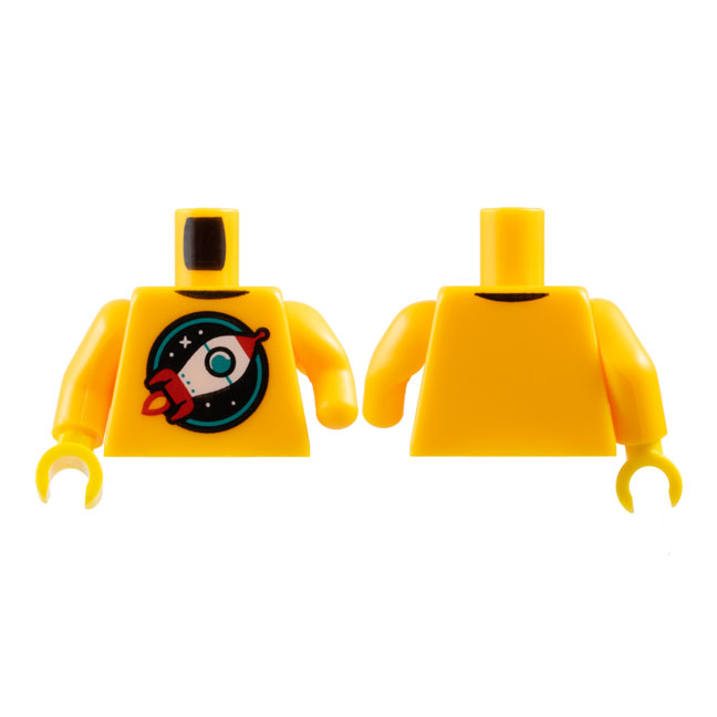 973pb5922c01 - Torso Red and White Retro Space Rocket in Black and Dark Turquoise Circle with Stars Pattern / Bright Light Orange Arm with Congenital Defect, without Hand Hole Left / Bright Light Orange Arm Right / Yellow Hand Right – Bright Light Orange
