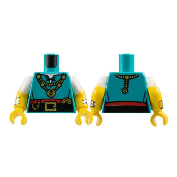 973pb5927c01 - Torso Shirt with Black Laces and Belt, Red Skirt and Gold Necklaces, Buckle and Compass Pattern / Yellow Arms with Molded White Short Sleeves and Printed Yellow Dots and Bracelets Pattern / Yellow Hands – Dark Turquoise