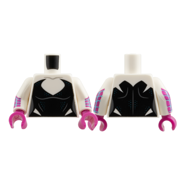 973pb6083c02 - Torso Female Black Bodysuit with Deep V Neck and Dark Blue Dots, Dark Bluish Gray Sides Pattern / White Arms with Medium Azure Webbing on Magenta Background Pattern / Magenta Hands – White