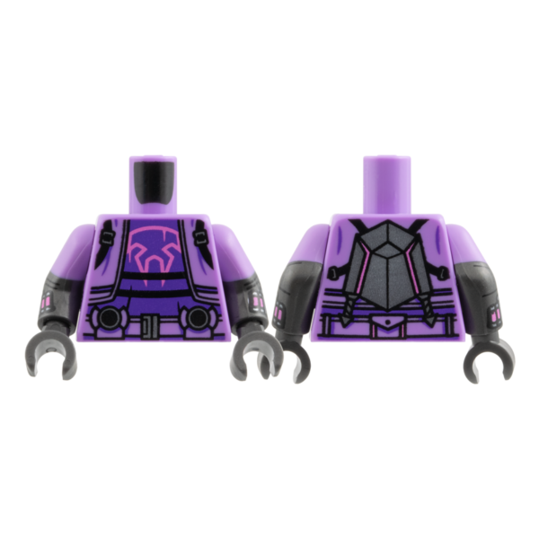 973pb6280c01 - Torso Jacket, Black Straps, Dark Purple Shirt, Dark Pink Cat Skull Outline, Dark Silver Belt Buckle and Panel on Back Pattern / Pearl Dark Gray Arms with Molded Lavender Short Sleeves and Printed Dark Silver Web Slingers Pattern / Pearl Dark Gray Hands – Medium Lavender