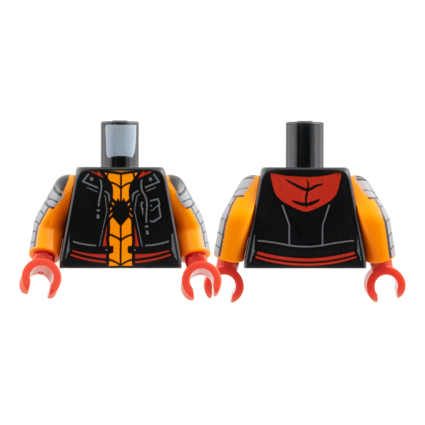 973pb6284c01 - Torso Hoodie Vest with Pocket and Drawstrings, Red Trim and Hood, Orange Shirt, Black Spider and Webbing Pattern / Orange Arms with Dark Bluish Gray Armor and Black Webbing Pattern / Red Hands – Black