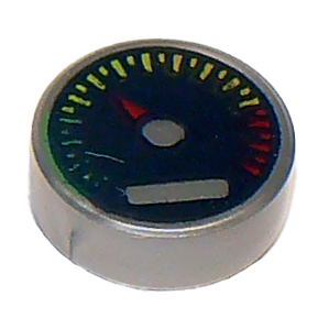 98138pb010 - Tile, Round 1 x 1 with Black Gauge with Red Pointer and Green, Yellow, and Red Tick Marks Pattern – Flat Silver