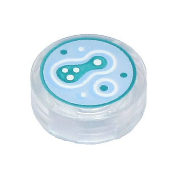 98138pb284 - Tile, Round 1 x 1 with Bright Light Blue, Dark Turquoise, and White Cell Culture in Petri Dish Pattern – Trans-Clear