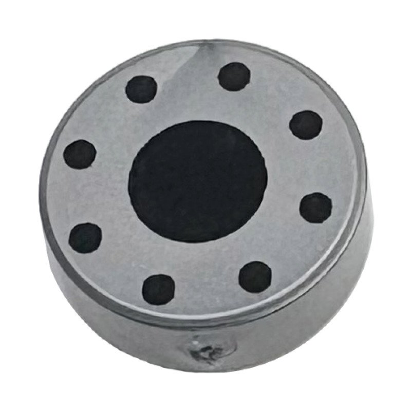 98138pb459 - Tile, Round 1 x 1 with Black Center Circle and 8 Dots Pattern – Flat Silver
