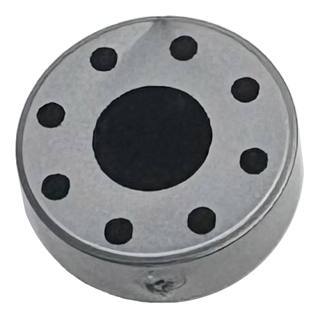 98138pb459 - Tile, Round 1 x 1 with Black Center Circle and 8 Dots Pattern – Flat Silver