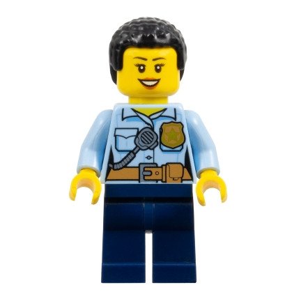 cty1381 - Police - City Officer Female, Bright Light Blue Shirt with Badge and Radio, Dark Blue Legs, Short Black Curly Hair
